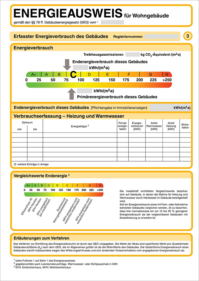 Energieverbrauchsausweis für Wohngebäude: Endenergieverbrauch und Primärenergieverbrauch des Gebäudes, Verbrauchserfassung, Vergleichswerte Endenergie.