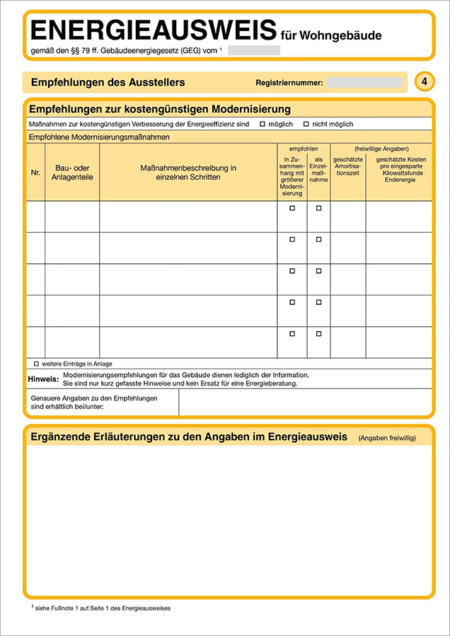 Energieausweis für Wohngebäude: Empfehlungen zur kostengünstigen Modernisierung.