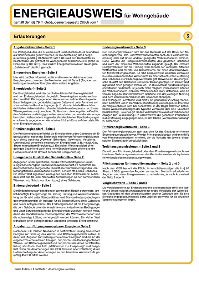 Energieausweis für Wohngebäude: Erläuterungen zu Gebäudeteil, Energiebedarf, Nutzung erneuerbarer Energien, Energieverbrauch.