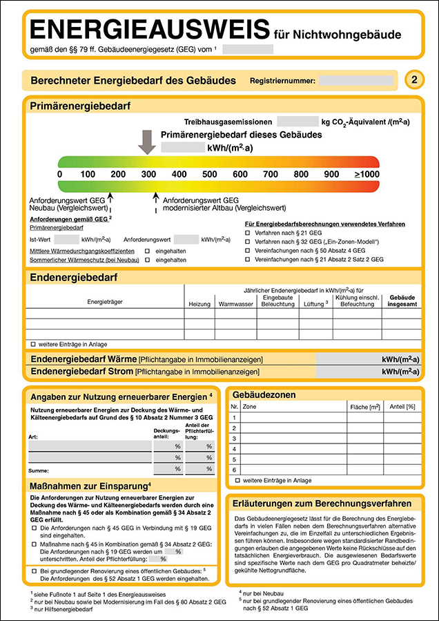 Energiebedarfsausweis für Nichtwohngebäude: Energiebedarf des Gebäudes, Nutzung erneuerbarer Energie, Gebäudezonen.