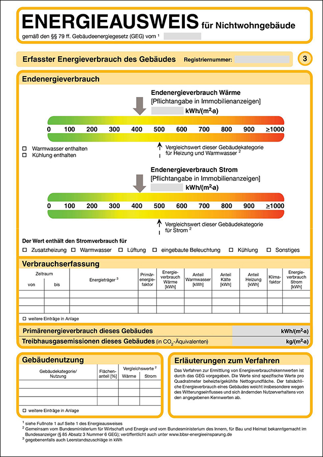 Energieverbrauchsausweis für Nichtwohngebäude: Endenergieverbrauch Wärme und Strom, Verbrauchserfassung, Gebäudenutzung.