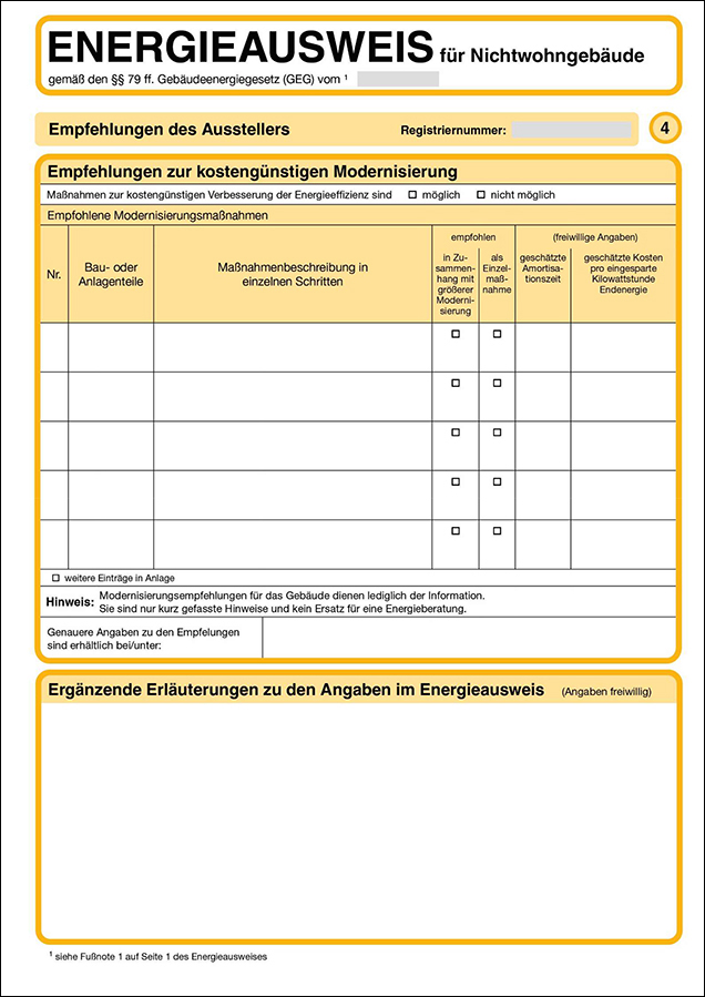 Energieausweis für Nichtwohngebäude: Empfehlungen zur kostengünstigen Modernisierung.