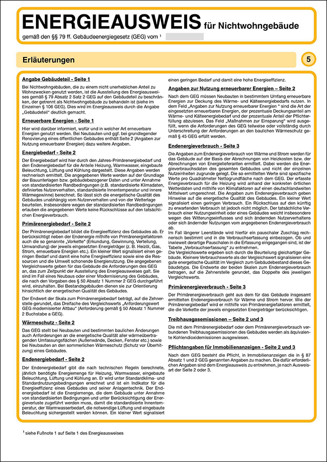 Energieausweis für Nichtwohngebäude: Erläuterungen zu Gebäudeteil, Energiebedarf, Wärmeschutz, Nutzung erneuerbarer Energien, Energieverbrauch.