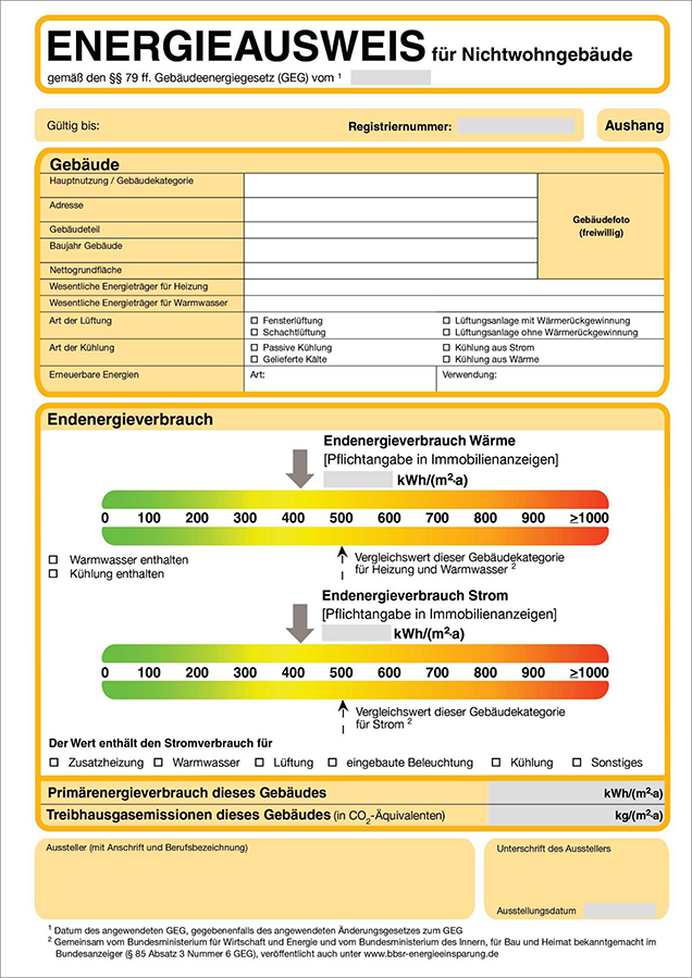 Muster Aushang Energieausweis für Nichtwohngebäude: Endenergieverbrauch Wärme und Strom.