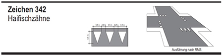 Zeichen 342 Haifischzähne. Bildliche Darstellung des Zeichens mit Beispiel und dem Hinweis, dass die Ausführung nach den RMS erfolgt.