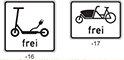 Bildliche Darstellung der Zusatzzeichen 1022-16 (Piktogramm Elektrokleinstfahrzeug im Sinne der Elektrokleinstfahrzeuge-Verordnung und dem Wort „frei“ und 1022-17 (Piktogramm Lastenfahrrad und dem Wort „frei“).