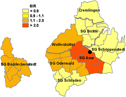 Standardisierte Inzidenzverhältnisse (SIR) entsprechend Tabelle 2.5 für Schilddrüsenkrebs bei Frauen im LK Wolfenbüttel nach Samtgemeinden bzw. Gemeinden, 2002 bis 2009. Der Punkt bezeichnet die ungefähre Lage der Schachtanlage Asse II.