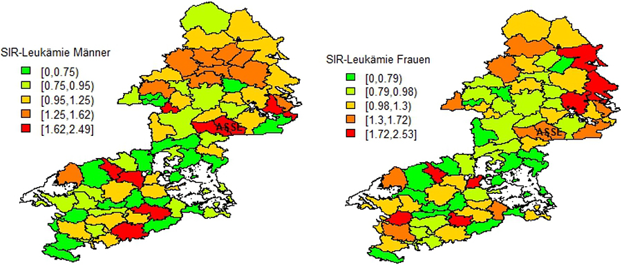 Standardisierte „rohe“ Inzidenzverhältnisse (SIR) für Leukämien bei Männern und Frauen im ehemaligen RB Braunschweig 2002 bis 2009 nach Samtgemeinden bzw. Gemeinden. Die weißen Felder sind gemeindefreie Gebiete. Die Farbcodierung zeigt die SIR-Werte der Größe nach geordnet und in Klassen von je 25 % eingeteilt, die 10 % höchsten Werte sind zusätzlich rot eingefärbt.