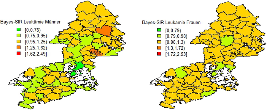 Bereinigte standardisierte Inzidenzverhältnisse (SIR) nach Anwendung des vollständigen Bayes-Verfahrens für Leukämien bei Männern und Frauen im ehemaligen RB Braunschweig 2002 bis 2009 nach Samtgemeinden bzw. Gemeinden. Die weißen Felder sind gemeindefreie Gebiete. Die Farbcodierung zeigt die SIR-Werte der Größe nach geordnet und in Klassen von je 25 % eingeteilt, die 10 % höchsten Werte sind zusätzlich rot eingefärbt (gleiche Klassengrenzen wie Abbildung 3.1).