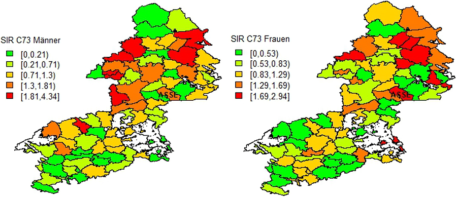 Standardisierte „rohe“ Inzidenzverhältnisse (SIR) für Schilddrüsenkrebs bei Männern und Frauen im ehemaligen RB Braunschweig 2002 bis 2009 nach Samtgemeinden bzw. Gemeinden. Die Farbcodierung zeigt die SIR-Werte der Größe nach geordnet und in Klassen von je 25 % eingeteilt, die 10 % höchsten Werte sind zusätzlich rot eingefärbt. Die weißen Felder sind gemeindefreie Gebiete.