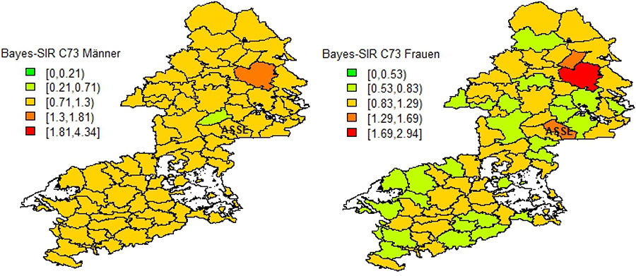 Erwartete standardisierte Inzidenzverhältnisse (SIR) nach Anwendung des vollständigen Bayes-Ansatzes für Schilddrüsenkrebs bei Männern und Frauen im ehemaligen RB Braunschweig 2002 bis 2009 nach Samtgemeinden bzw. Gemeinden. Die Farbcodierung zeigt die SIR-Werte der Größe nach geordnet und in Klassen von je 25 % eingeteilt, die 10 % höchsten Werte sind zusätzlich rot eingefärbt. Die weißen Felder sind gemeindefreie Gebiete (gleiche Klassengrenzen wie Abbildung 3.3).