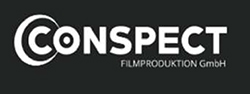 Weißer CONSPECT Filmproduktion GmbH Schriftzug auf schwarzem Hintergrund.