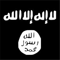 Schwarzer Hintergrund mit weißer arabischer Schrift; gezeigt wird der Satz „La ilaha illa Allah“, im Kreis die Worte „Allah, Rasul, Muhammad“ (sogenanntes „Prophetensiegel“, gesprochen „Muhammad Rasul Allah“).